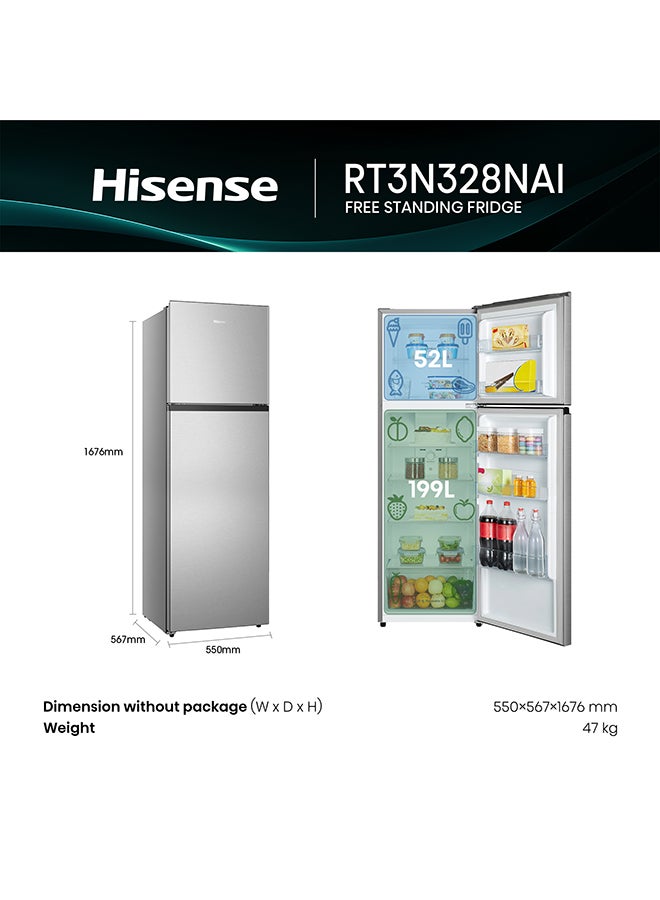 Hisense 328L Gross/251 Net Capacity Top-mount Refrigerator  , Right open, Total No frost, Recessed handle RT3N328NAI Silver - Image 3
