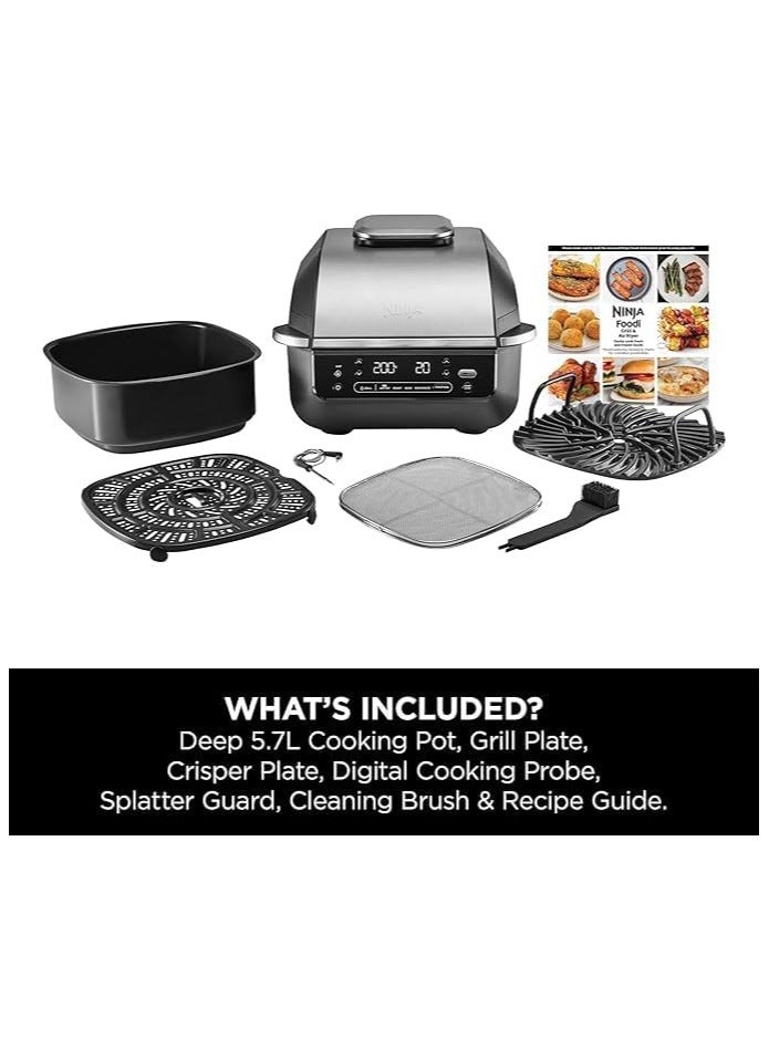 نينجا - 5-in-1 Indoor Grill And Air Fryer, 5 Cooking Functions, Make Up To 4 Burgers, 5.7L Capacity, Low Smoke, Includes Digital Meat Thermometer, 5.7 L 1760 W EG351ME Black/Silver - Image 1
