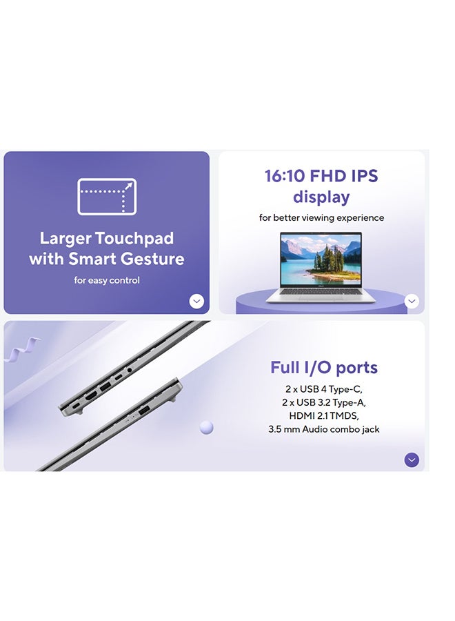 أسوس كمبيوتر محمول Vivobook 14 بشاشة 14 بوصة WUXGA (1920 × 1200) 60 هرتز، معالج Purwa SE / ذاكرة وصول عشوائي 16 جيجابايت دي دي ار 5 / 512 جيجابايت اس اس دي / معالج رسومات Qualcomm Adreno / ويندوز11 Home إنجليزي / عربي أزرق هادئ الإنجليزية/العربية  - Image 5