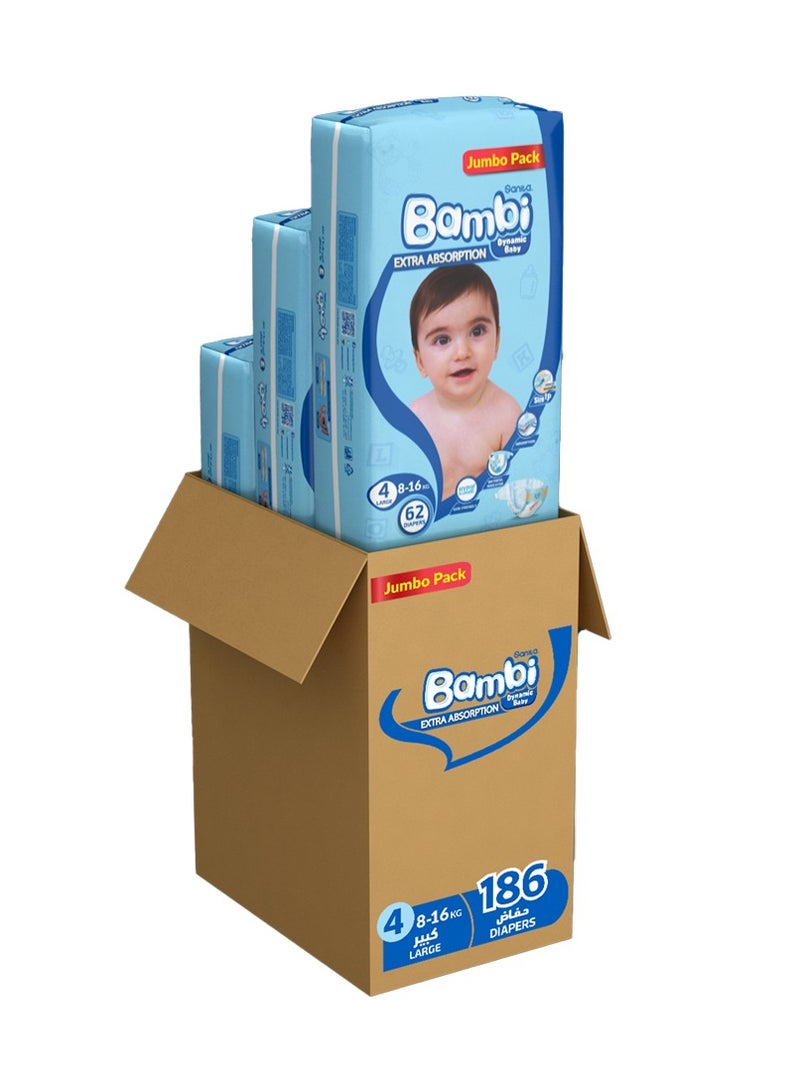 Sanita Bambi Baby Diapers Size 4 8-16 kg Large Jumbo Pack - 186 Count 