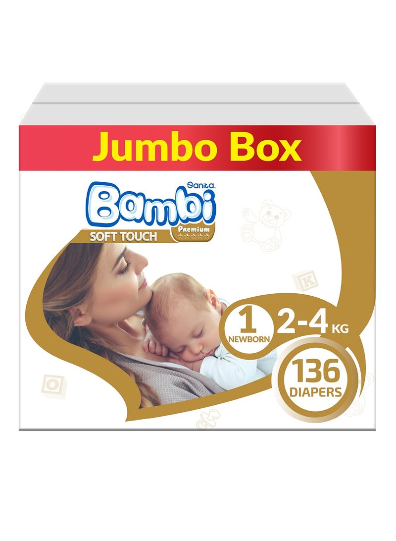 سانيتا بامبي - Premium Care Size 1 Newborn 2-4 kg Jumbo Box - 136 Count - Image 1