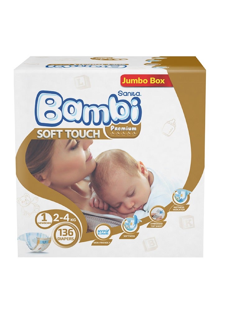سانيتا بامبي - Premium Care Size 1 Newborn 2-4 kg Jumbo Box - 136 Count - Image 1