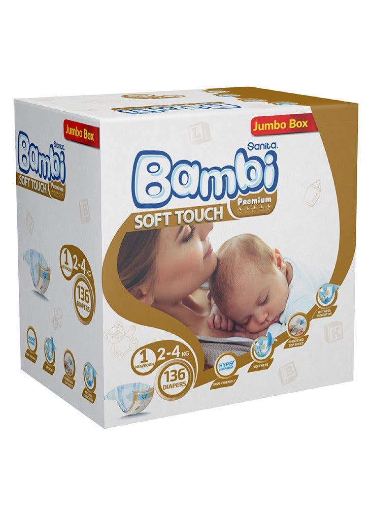 سانيتا بامبي - Premium Care Size 1 Newborn 2-4 kg Jumbo Box - 136 Count - Image 1