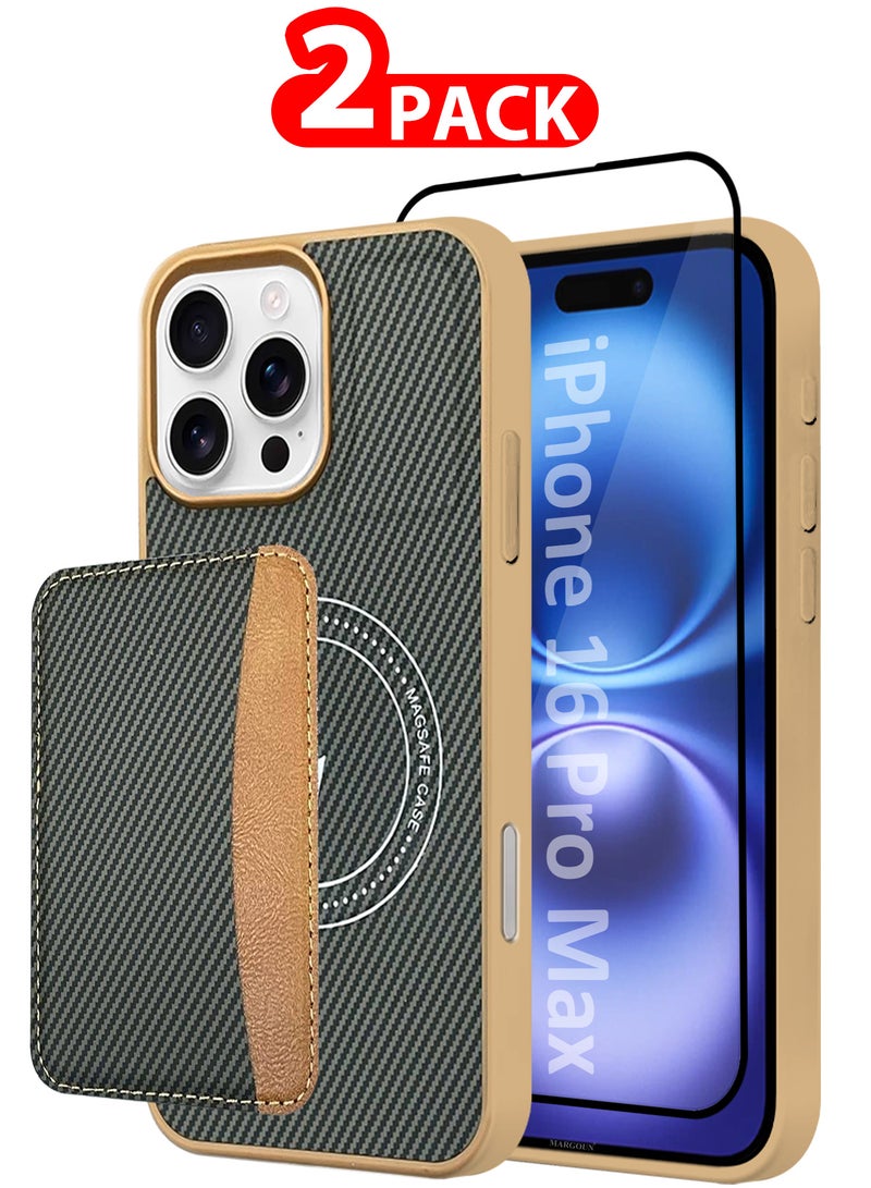 MARGOUN iPhone 16 Pro Max Case Leather 2Packs Antifingerprint Cover with Detachable Wallet Card Slot Shell Insert Card Holder Anti Fall Protection Carbon Fiber Design with 3D Screen Protector Beige-2  - Image 1