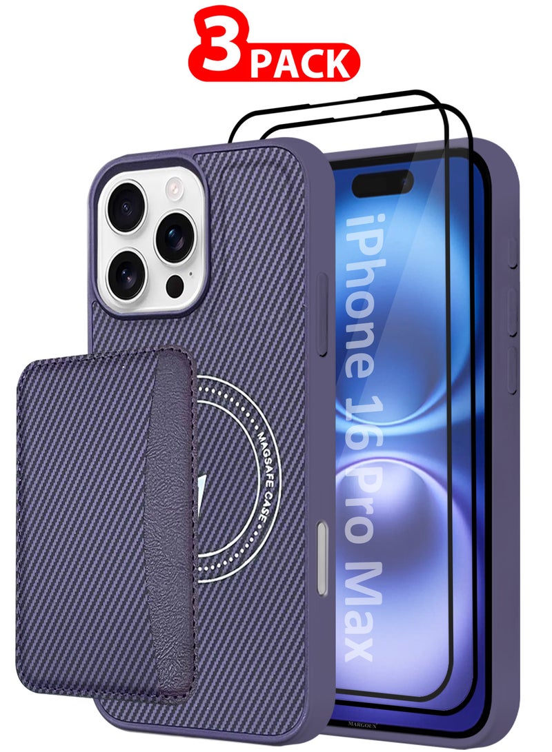 MARGOUN iPhone 16 Pro Max Case Leather 3Packs Antifingerprint Cover with Detachable Wallet Card Slot Shell Insert Card Holder Anti Fall Protection Carbon Fiber Design with Two 3D Screen Protectors Purple-3  - Image 1