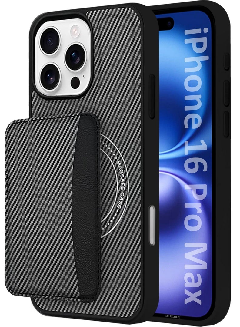 MARGOUN iPhone 16 Pro Max Case Leather Antifingerprint Cover with Detachable Wallet Card Slot Shell Insert Card Holder Anti Fall Protection Carbon Fiber Design - Black  - Image 1