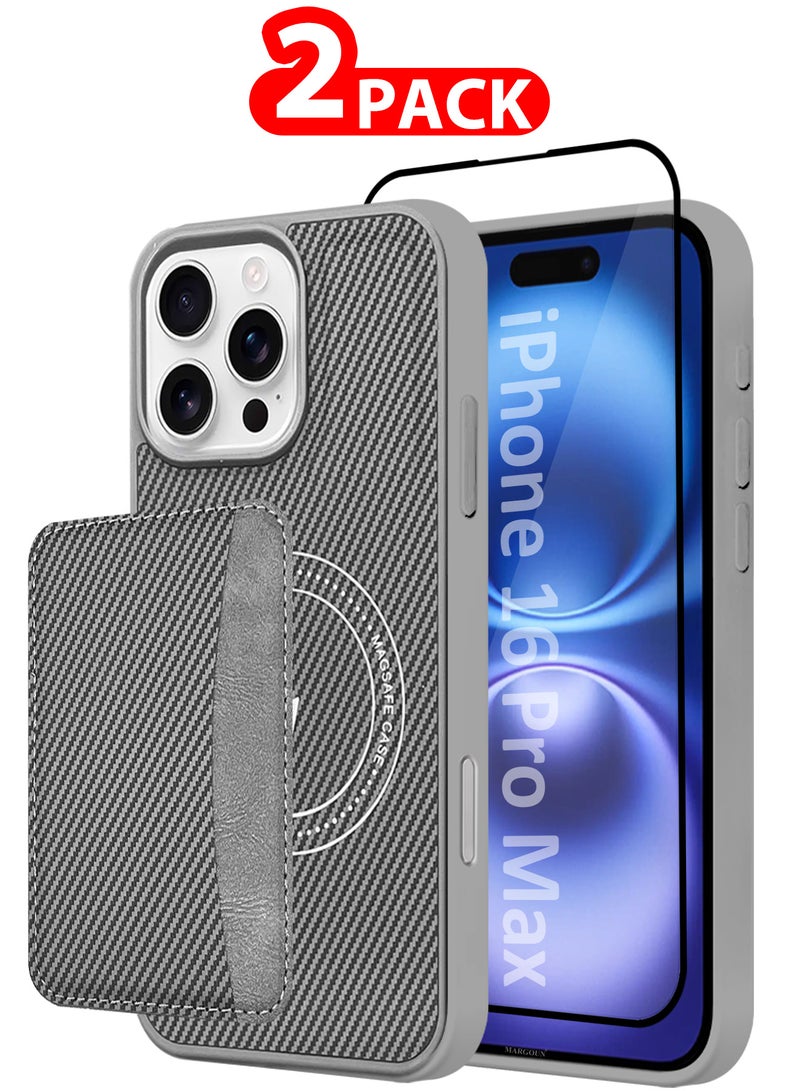 MARGOUN iPhone 16 Pro Max Case Leather 2Packs Antifingerprint Cover with Detachable Wallet Card Slot Shell Insert Card Holder Anti Fall Protection Carbon Fiber Design with 3D Screen Protector - Grey-2  - Image 1