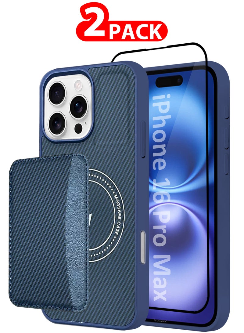 MARGOUN iPhone 16 Pro Max Case Leather 2Packs Antifingerprint Cover with Detachable Wallet Card Slot Shell Insert Card Holder Anti Fall Protection Carbon Fiber Design with 3D Screen Protector - Dark Blue-2  - Image 1