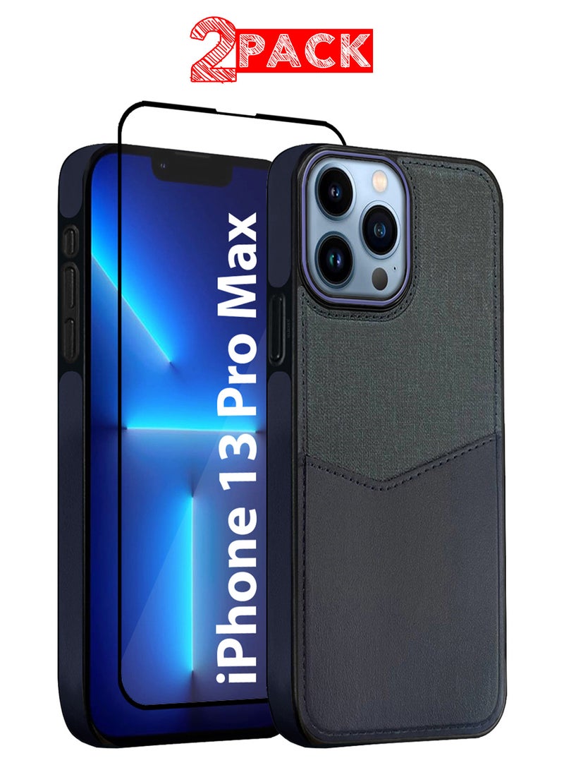 MARGOUN 2Packs iPhone 13 Pro Max Card Case Leather Back Cover with Card Holder, Slim and Lightweight, 1-2 Cards with 3D Screen Protector - Dark Blue  - Image 1