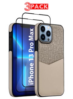 MARGOUN 3Packs iPhone 13 Pro Max Card Case Leather Back Cover with Card Holder, Slim and Lightweight, 1-2 Cards with Two 3D Screen Protectors- Cream Cream  - Image 1
