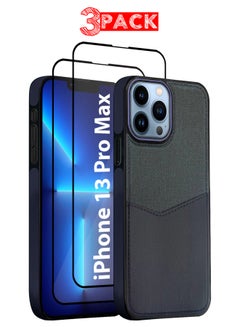 MARGOUN 3Packs iPhone 13 Pro Max Card Case Leather Back Cover with Card Holder, Slim and Lightweight, 1-2 Cards with Two 3D Screen Protectors- Dark Blue  - Image 1