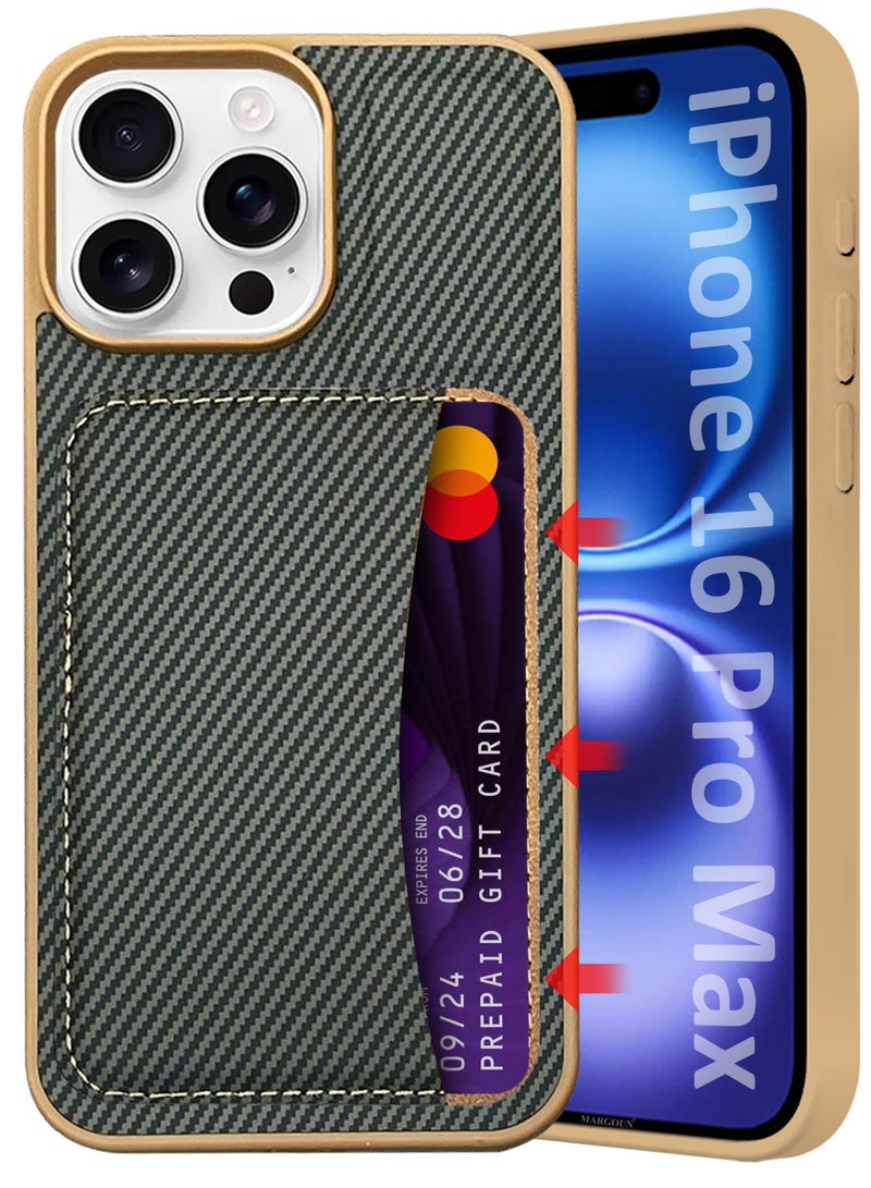 MARGOUN iPhone 16 Pro Max Case Leather Antifingerprint Cover with Detachable Wallet Card Slot Shell Insert Card Holder Anti Fall Protection Carbon Fiber Design - Beige - Image 4