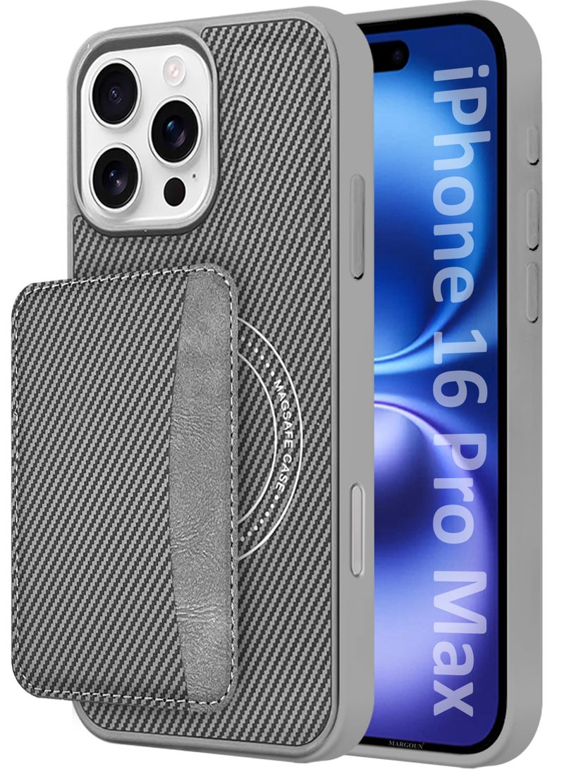 MARGOUN iPhone 16 Pro Max Case Leather Antifingerprint Cover with Detachable Wallet Card Slot Shell Insert Card Holder Anti Fall Protection Carbon Fiber Design - Grey - Image 1