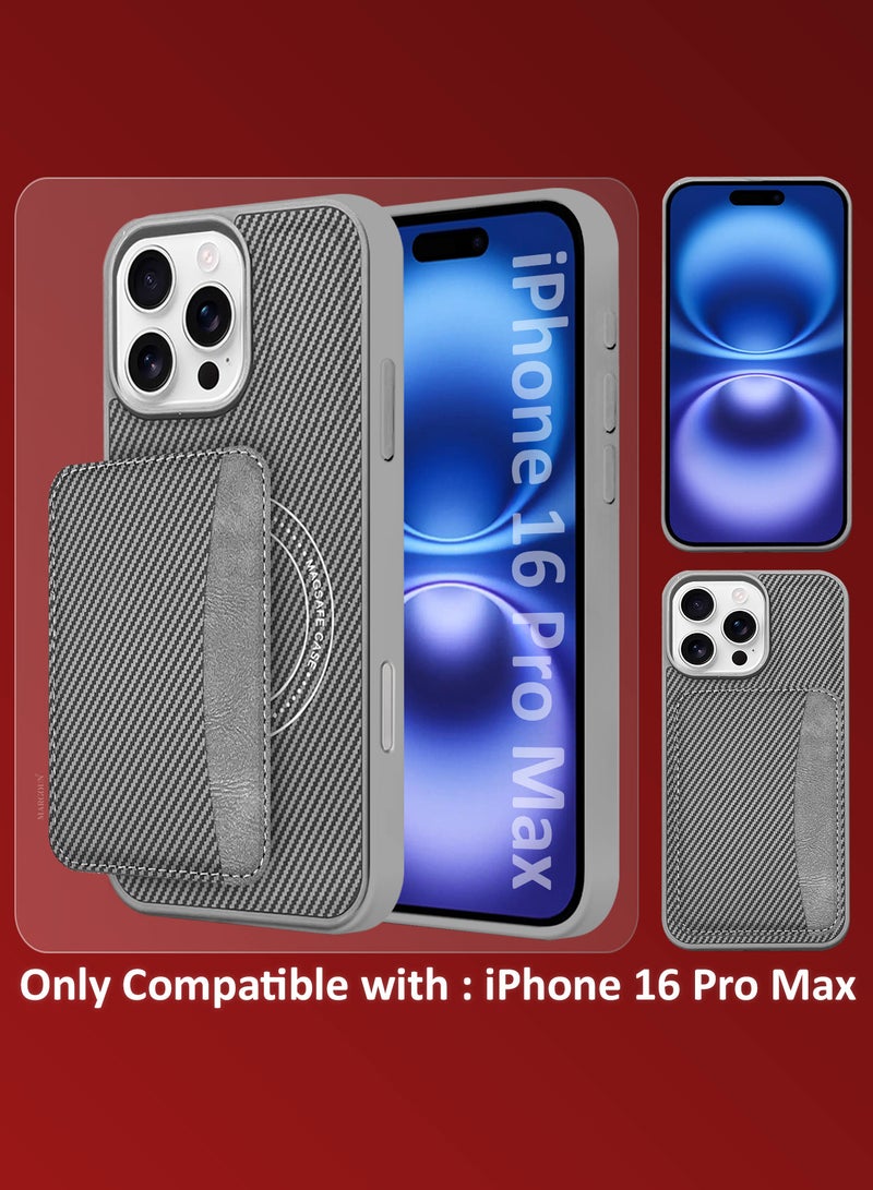 MARGOUN iPhone 16 Pro Max Case Leather Antifingerprint Cover with Detachable Wallet Card Slot Shell Insert Card Holder Anti Fall Protection Carbon Fiber Design - Grey - Image 3