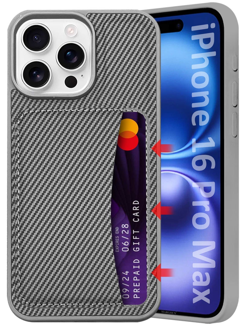 MARGOUN iPhone 16 Pro Max Case Leather Antifingerprint Cover with Detachable Wallet Card Slot Shell Insert Card Holder Anti Fall Protection Carbon Fiber Design - Grey - Image 4