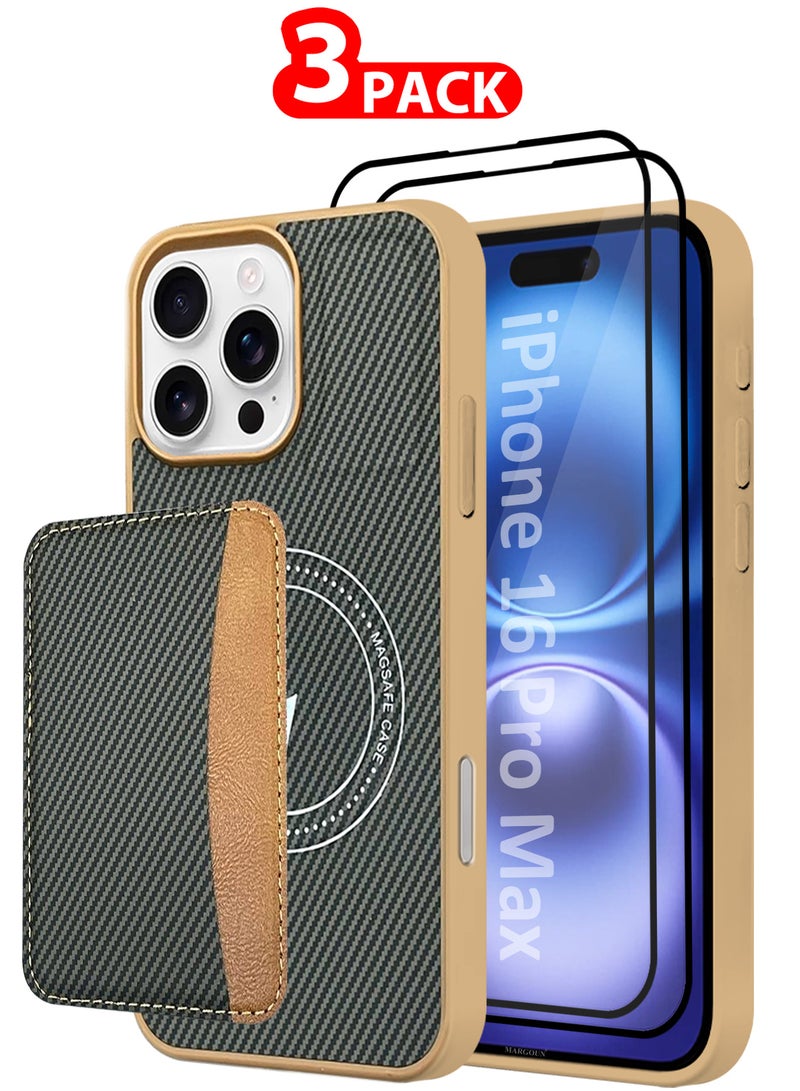 MARGOUN iPhone 16 Pro Max Case Leather 3Packs Antifingerprint Cover with Detachable Wallet Card Slot Shell Insert Card Holder Anti Fall Protection Carbon Fiber Design with Two 3D Screen Protectors - Beige-3 - Image 1