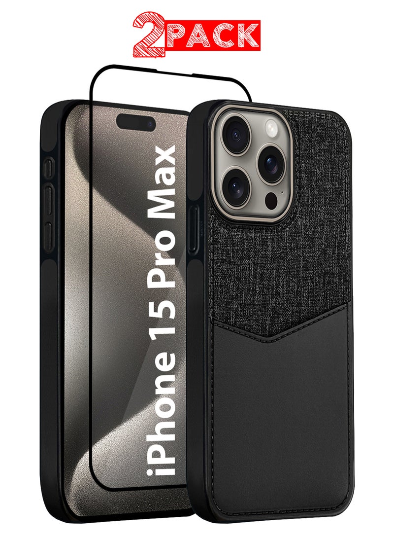 MARGOUN 2Packs iPhone 15 Pro Max Card Case Leather Back Cover with Card Holder, Slim and Lightweight, 1-2 Cards with 3D Screen Protector - Black - Image 1