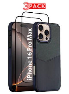 MARGOUN 3Packs iPhone 16 Pro Max Card Case Leather Back Cover with Card Holder, Slim and Lightweight, 1-2 Cards with Two 3D Screen Protectors- Dark Blue  - Image 1