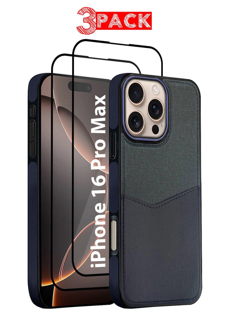 MARGOUN 3Packs iPhone 16 Pro Max Card Case Leather Back Cover with Card Holder, Slim and Lightweight, 1-2 Cards with Two 3D Screen Protectors- Dark Blue  - Image 1