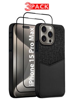 MARGOUN 3Packs iPhone 15 Pro Max Card Case Leather Back Cover with Card Holder, Slim and Lightweight, 1-2 Cards with Two 3D Screen Protectors- Black  - Image 1