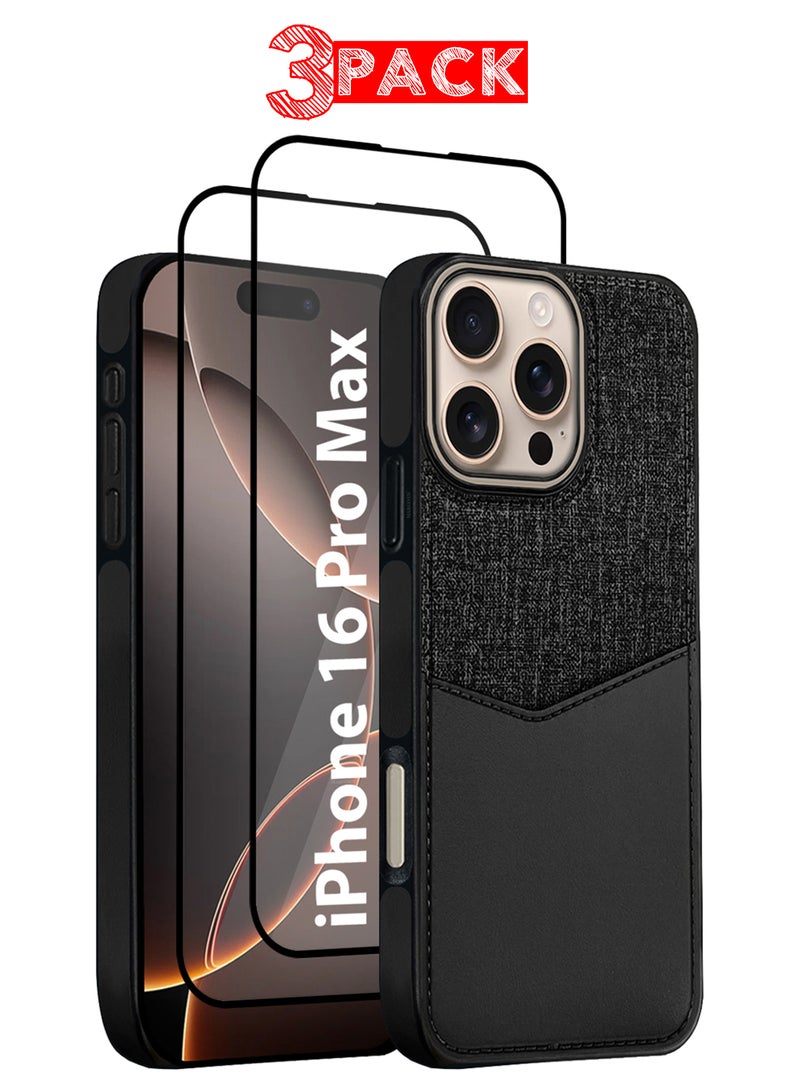 MARGOUN 3Packs iPhone 16 Pro Max Card Case Leather Back Cover with Card Holder, Slim and Lightweight, 1-2 Cards with Two 3D Screen Protectors- Black  - Image 1