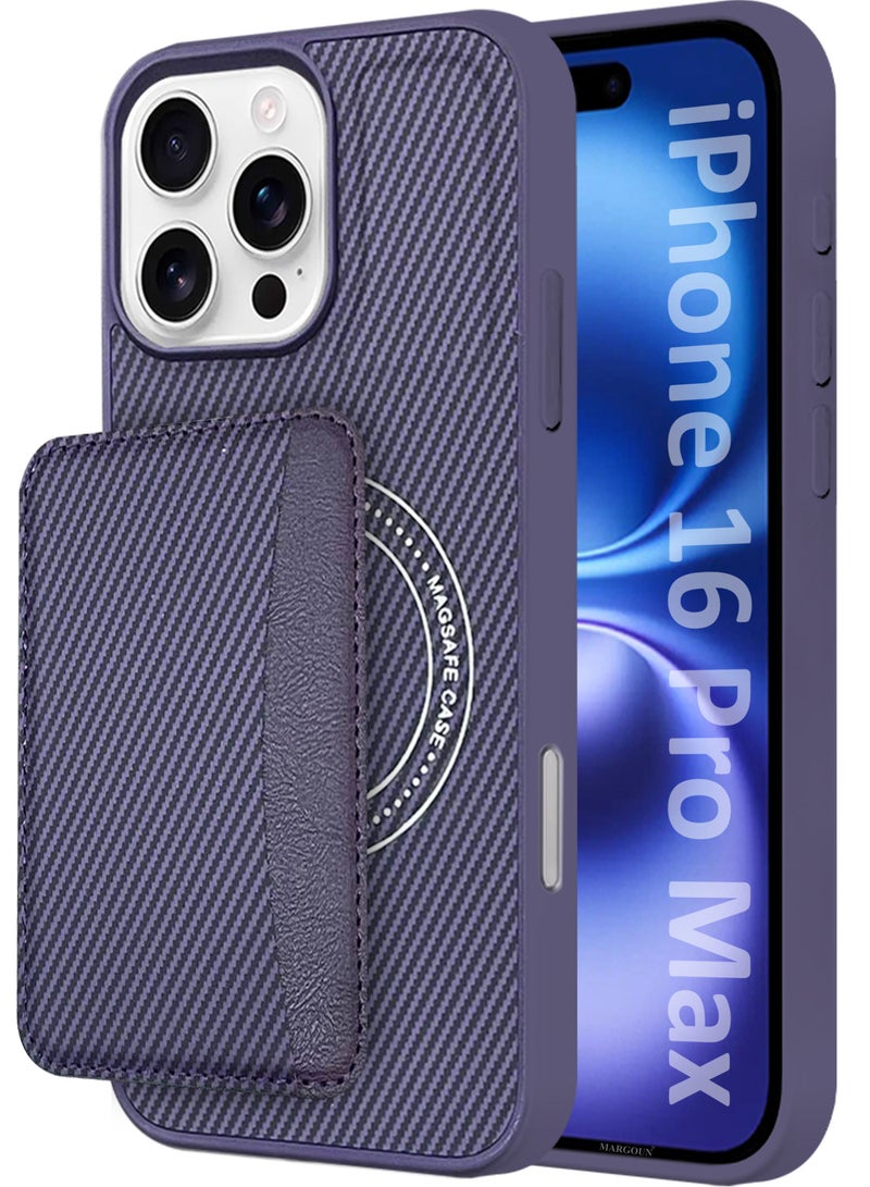MARGOUN iPhone 16 Pro Max Case Leather Antifingerprint Cover with Detachable Wallet Card Slot Shell Insert Card Holder Anti Fall Protection Carbon Fiber Design - Purple - Image 1