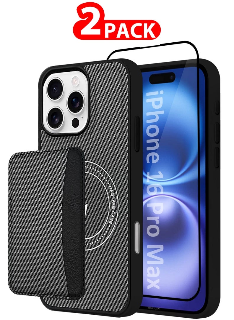 MARGOUN iPhone 16 Pro Max Case Leather 2Packs Antifingerprint Cover with Detachable Wallet Card Slot Shell Insert Card Holder Anti Fall Protection Carbon Fiber Design with 3D Screen Protector - Black-2  - Image 1