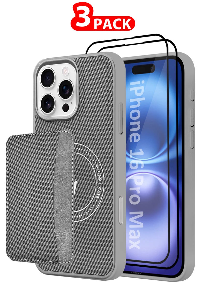 مارجون iPhone 16 Pro Max Case Leather 3Packs Antifingerprint Cover with Detachable Wallet Card Slot Shell Insert Card Holder Anti Fall Protection Carbon Fiber Design with Two 3D Screen Protectors - Grey-3 - Image 1