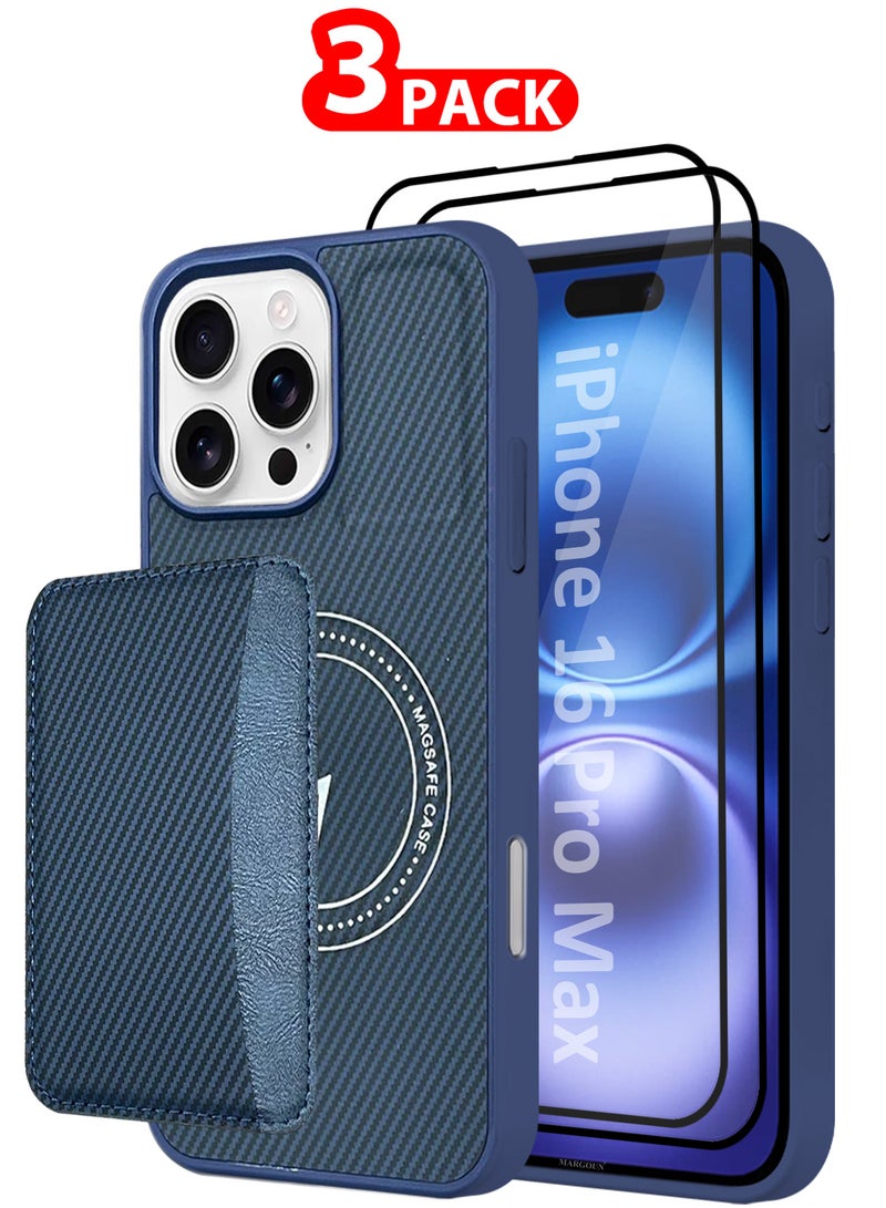 MARGOUN iPhone 16 Pro Max Case Leather 3Packs Antifingerprint Cover with Detachable Wallet Card Slot Shell Insert Card Holder Anti Fall Protection Carbon Fiber Design with 3D Screen Protector - Dark Blue-3 - Image 1