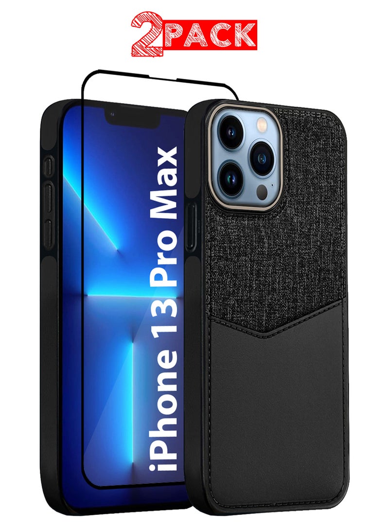 MARGOUN 2Packs iPhone 13 Pro Max Card Case Leather Back Cover with Card Holder, Slim and Lightweight, 1-2 Cards with 3D Screen Protector - Black  - Image 1