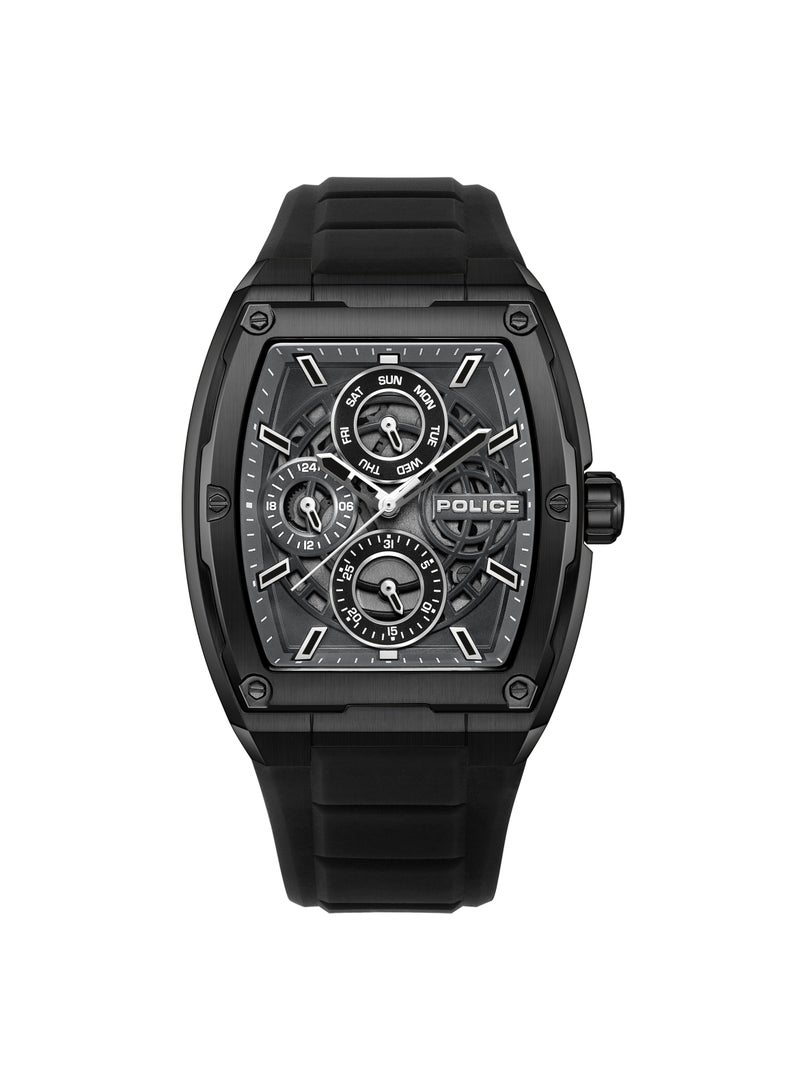 POLICE - Men's Creed 42mm Multifunction Watch with Black IP Stainless Steel Case, Charcoal Dial & Black Silicone Strap - Image 1