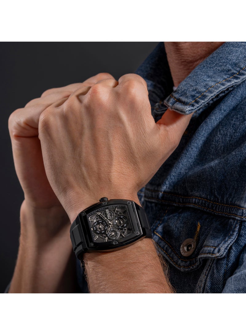 POLICE - Men's Creed 42mm Multifunction Watch with Black IP Stainless Steel Case, Charcoal Dial & Black Silicone Strap - Image 1
