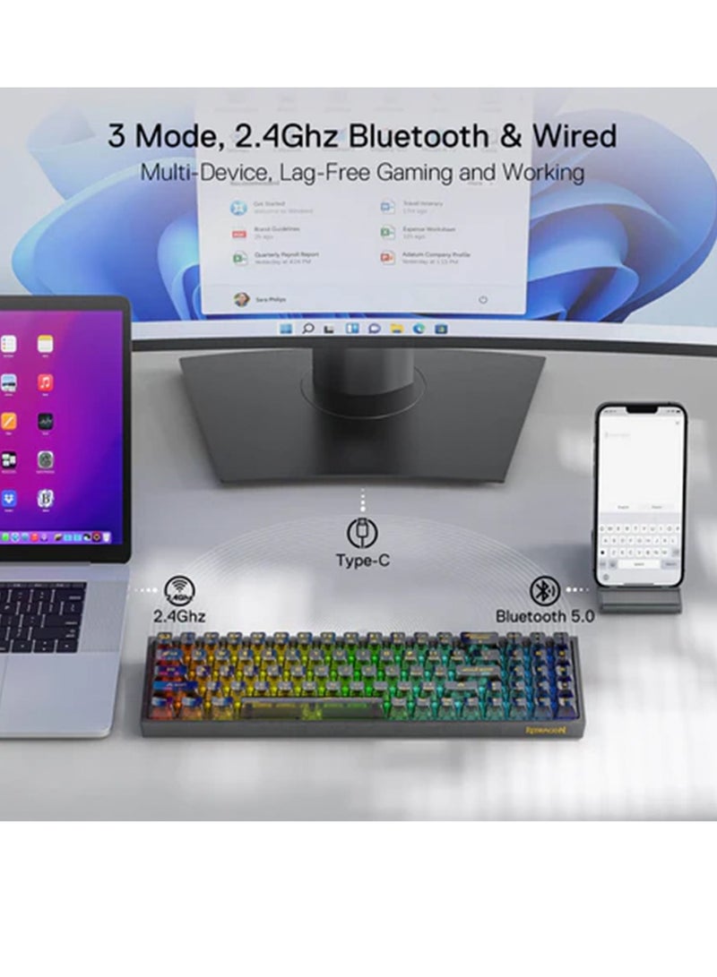 ريدراجون Wireless RGB Gaming Keyboard K628 PRO CTB 75% 3-Mode , 78 Keys Full-Transparent Hot-Swap Compact Mechanical Keyboard w/Upgraded Socket, Dedicated Arrow Keys & Numpad, Translucent Custom Switch - black  - Image 4
