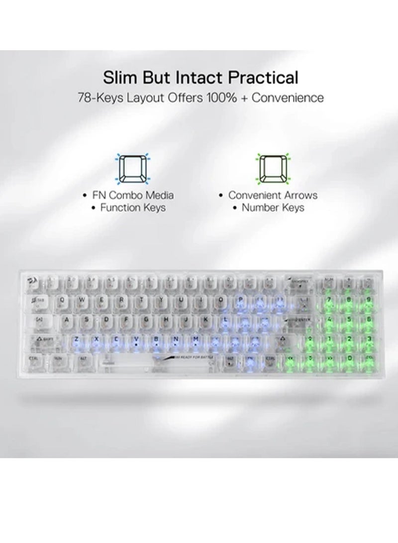 ريدراجون Wireless RGB Gaming Keyboard K628 PRO SE 75% 3-Mode , 78 Keys Full-Transparent Hot-Swap Compact Mechanical Keyboard w/Upgraded Socket, Dedicated Arrow Keys & Numpad, Translucent Custom Switch - White  - Image 3