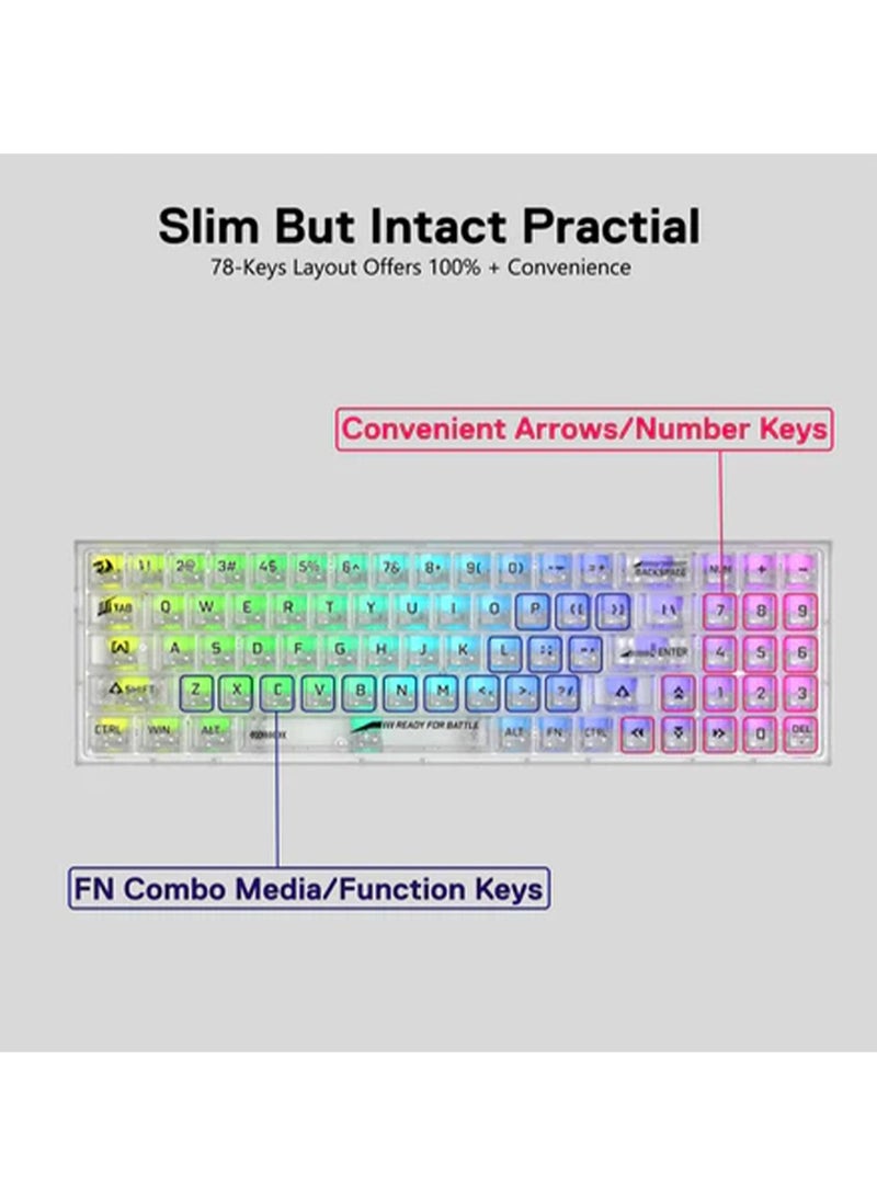 ريدراجون Wireless RGB Gaming Keyboard K628 PRO SE 75% 3-Mode , 78 Keys Full-Transparent Hot-Swap Compact Mechanical Keyboard w/Upgraded Socket, Dedicated Arrow Keys & Numpad, Translucent Custom Switch - White  - Image 4