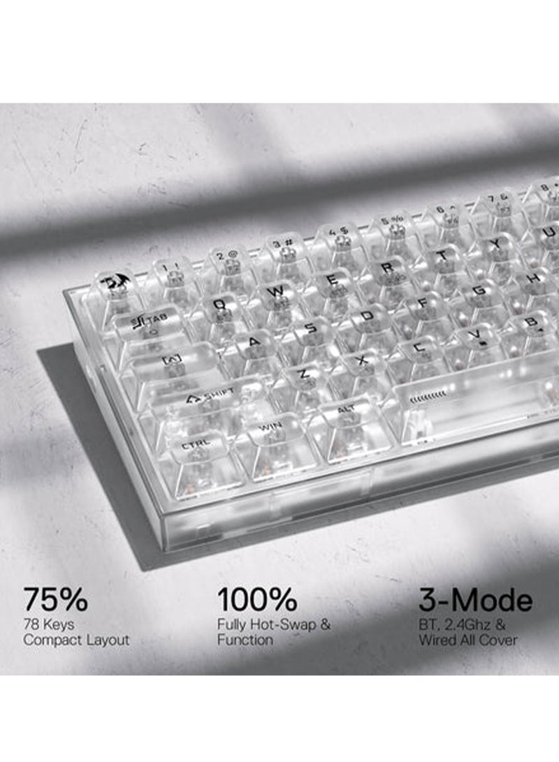 REDRAGON - Wireless RGB Gaming Keyboard K628 PRO SE 75% 3-Mode , 78 Keys Full-Transparent Hot-Swap Compact Mechanical Keyboard w/Upgraded Socket, Dedicated Arrow Keys & Numpad, Translucent Custom Switch - White - Image 1