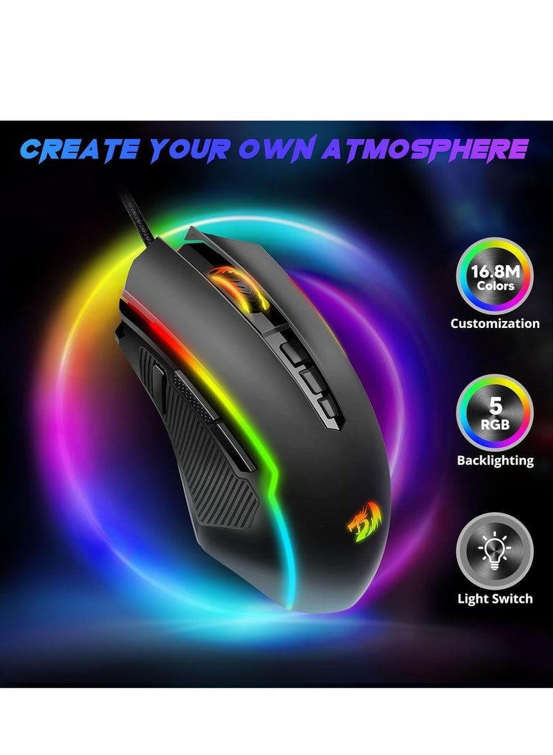 REDRAGON Wired Gaming Mouse , RANGER BASIC M910-K RGB , USB Cable , 9 buttons , Max 8000 DPI Sensor responds precisely to movement Switch button , high precision sensor , ergonomic design - black  - Image 2
