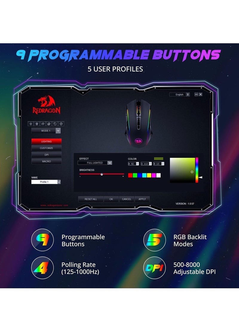 REDRAGON - Wired Gaming Mouse , RANGER BASIC M910-K RGB , USB Cable , 9 buttons , Max 8000 DPI Sensor responds precisely to movement Switch button , high precision sensor , ergonomic design - black - Image 1