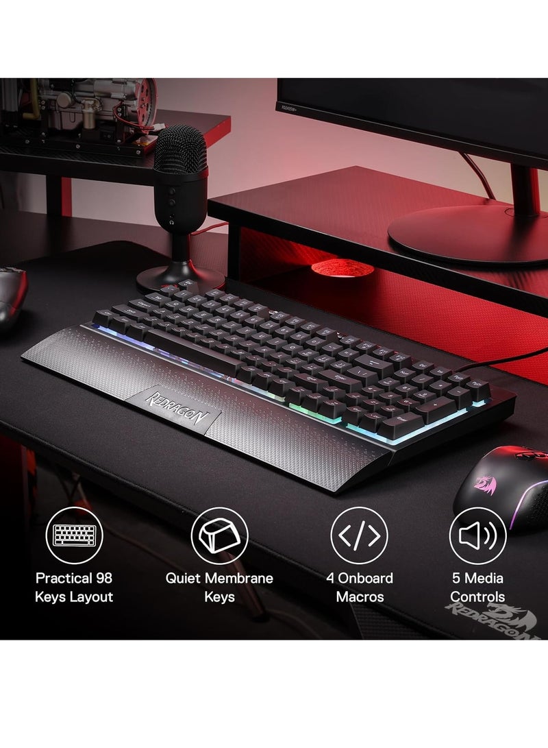 Redragon K515 Shiva RGB Membrane Gaming Keyboard, 98 Keys, Mechanical Touch with Linear Switch, Built-in Macro and Multimedia Keys, Removable Wrist Rest, Software Supported