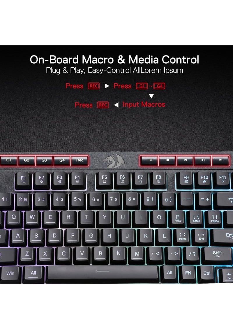 Redragon K515 Shiva RGB Membrane Gaming Keyboard, 98 Keys, Mechanical Touch with Linear Switch, Built-in Macro and Multimedia Keys, Removable Wrist Rest, Software Supported