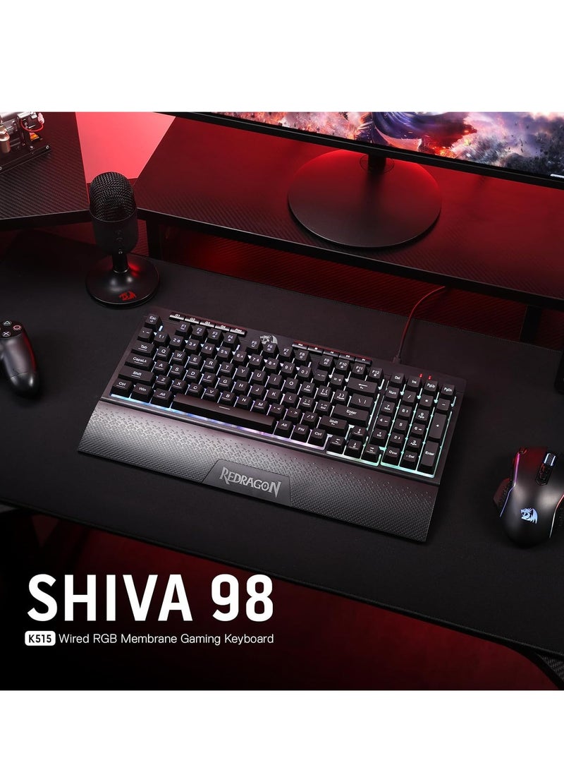Redragon K515 Shiva RGB Membrane Gaming Keyboard, 98 Keys, Mechanical Touch with Linear Switch, Built-in Macro and Multimedia Keys, Removable Wrist Rest, Software Supported