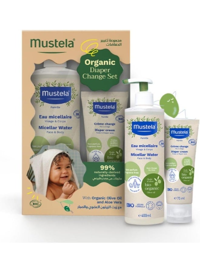 Mustela Organic Diaper Change Set - Certified Organic No-Rinse Micellar Water 400 ML And Certified Organic Diaper Cream 75 ML - Image 1