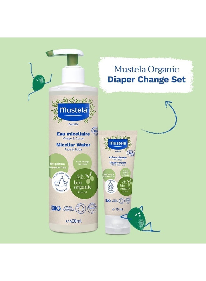 Mustela Organic Diaper Change Set - Certified Organic No-Rinse Micellar Water 400 ML And Certified Organic Diaper Cream 75 ML - Image 2