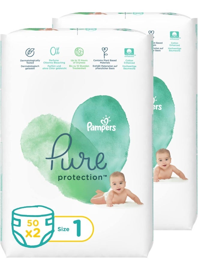 Pampers Pack Of 100 Pure Protection Diapers Size 1, 2 - 5 Kg, 2 X 50 - 100 Pieces  - Image 1