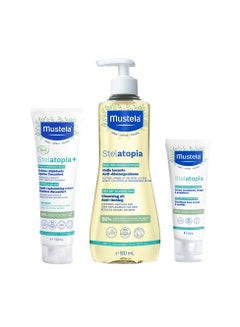 Mustela Stelatopia Emollient Face Cream 40 ML, Stelatopia+ Lipid-Replenishing Cream 150 ML, Stelatopia Cleansing Oil 500 ML  - Image 1