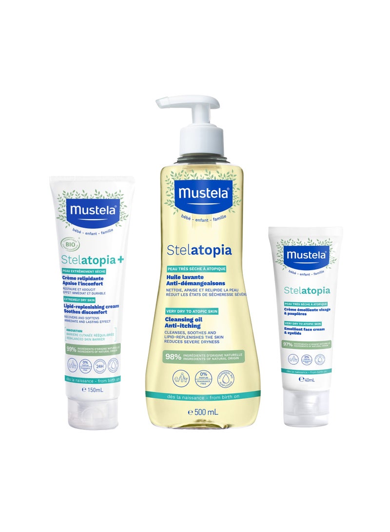 Mustela Stelatopia Emollient Face Cream 40 ML, Stelatopia+ Lipid-Replenishing Cream 150 ML, Stelatopia Cleansing Oil 500 ML  - Image 1