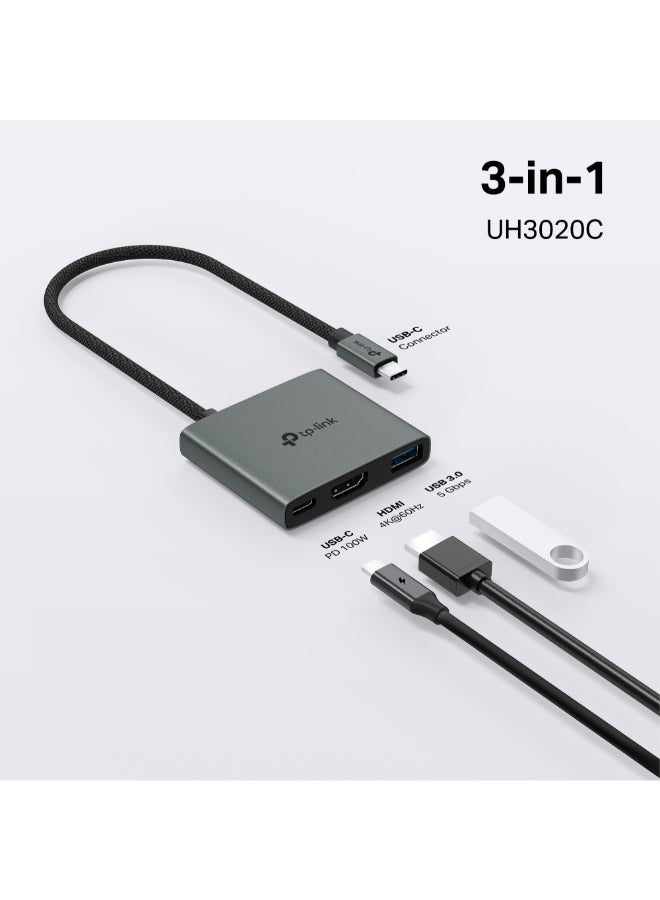 تي بي لينك USB Type-C 3 in 1 Hub|4K Ultra HD Media Display|Powerful 100W Fast Charging|5 Gbps SuperSpeed Data Transfer| Plug & Play|driver-free install with Mac OS, Windows 11/10/8.1/8/7, Linux OS, iPadOS, iOS, Android, Chrome OS, and Nintendo OS. Dark Gray - Image 2