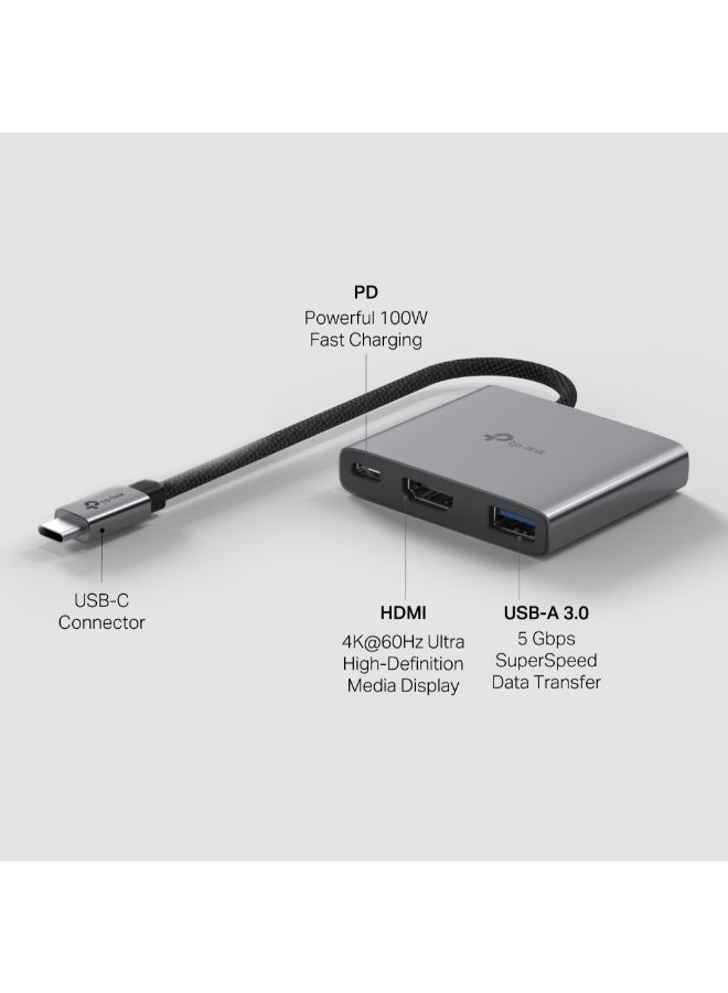 تي بي لينك USB Type-C 3 in 1 Hub|4K Ultra HD Media Display|Powerful 100W Fast Charging|5 Gbps SuperSpeed Data Transfer| Plug & Play|driver-free install with Mac OS, Windows 11/10/8.1/8/7, Linux OS, iPadOS, iOS, Android, Chrome OS, and Nintendo OS. Dark Gray - Image 3