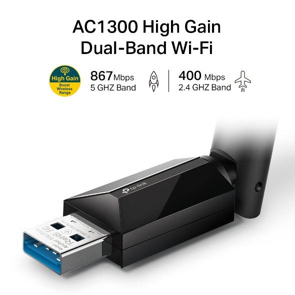 TP-LINK - Archer T3U Plus AC1300 High Gain Dual Band Wireless USB 3.0 Adapter - 867 Mbps (5 GHz) / 400 Mbps (2.4 GHz), MU-MIMO, External High Gain Antenna, WEP/WPA/WPA2 Security, Windows & macOS Compatible, FCC & CE Certified, USB 3.0 Interface | Archer T3U Plus Black - Image 1