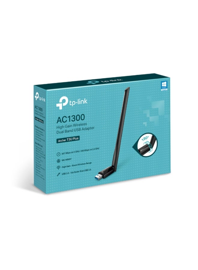 TP-LINK - Archer T3U Plus AC1300 High Gain Dual Band Wireless USB 3.0 Adapter - 867 Mbps (5 GHz) / 400 Mbps (2.4 GHz), MU-MIMO, External High Gain Antenna, WEP/WPA/WPA2 Security, Windows & macOS Compatible, FCC & CE Certified, USB 3.0 Interface | Archer T3U Plus Black - Image 1